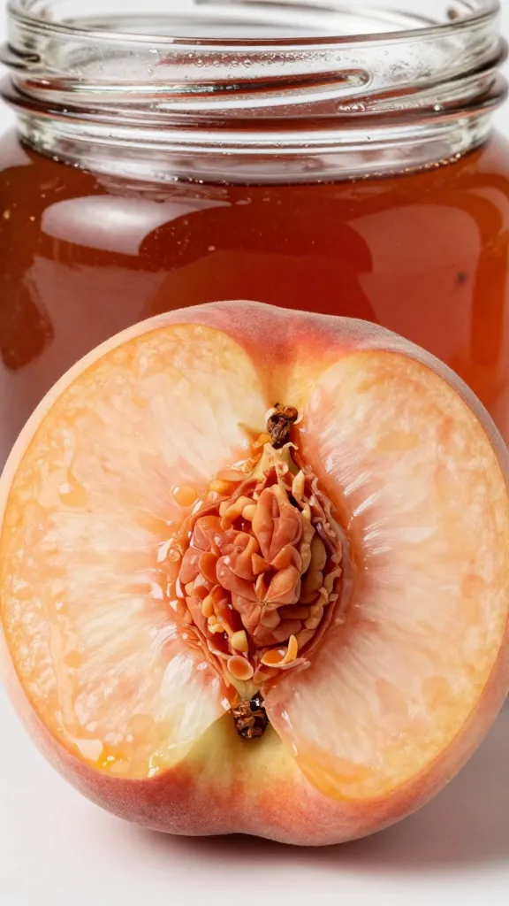 Closeup of a ripe peach half in syrup jar