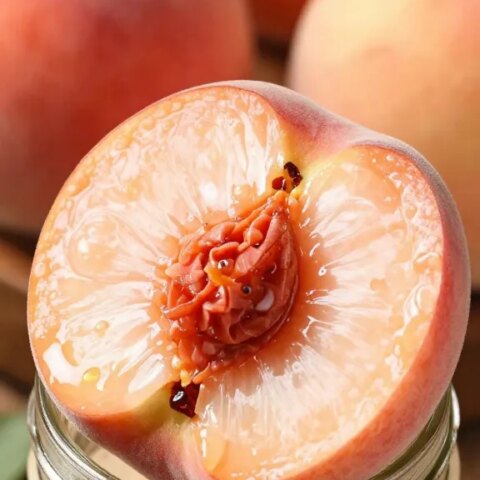 Closeup of glossy peach halves resting on mason jar rim