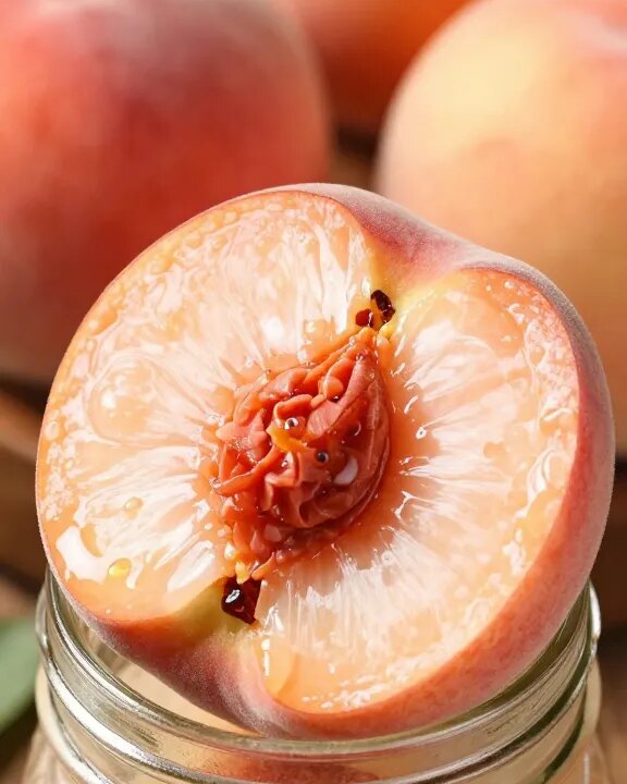 Closeup of glossy peach halves resting on mason jar rim