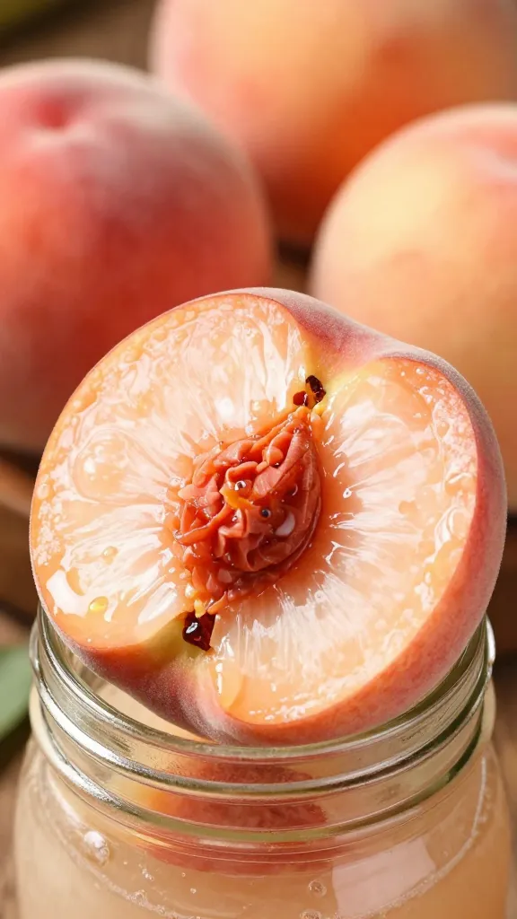 Closeup of glossy peach halves resting on mason jar rim
