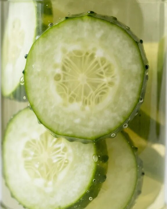 Closeup of a cucumber slice jar label focus with pickling brine glow