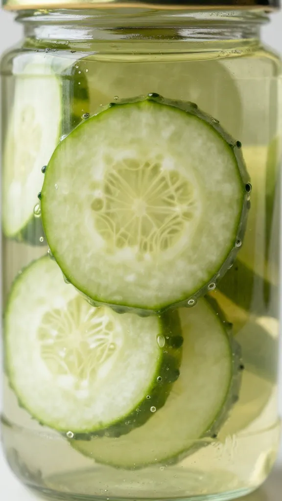 Closeup of a cucumber slice jar label focus with pickling brine glow